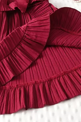 Wine red pleated ruffle bow party dress