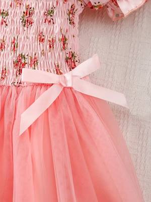 Blush pink floral smocked off-shoulder tulle dress 4