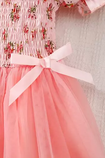 Blush pink floral smocked off-shoulder tulle dress
