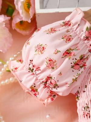 Blush pink floral smocked off-shoulder tulle dress 5
