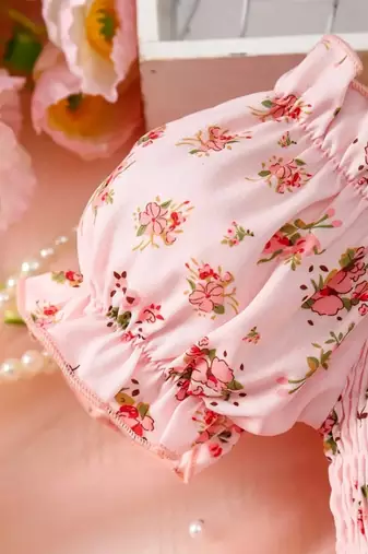 Blush pink floral smocked off-shoulder tulle dress