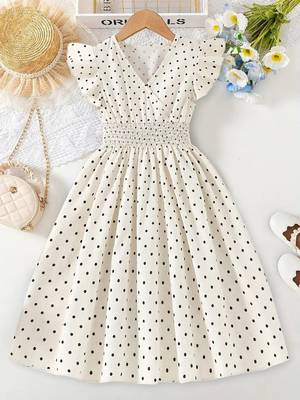 Cream polka dot print cotton a-line fit & flare kids dress 1