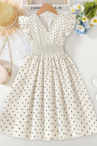 Cream polka dot print cotton a-line fit & flare kids dress