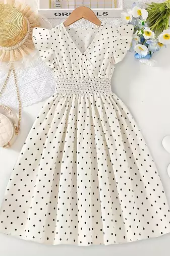 Cream polka dot print cotton a-line fit & flare kids dress