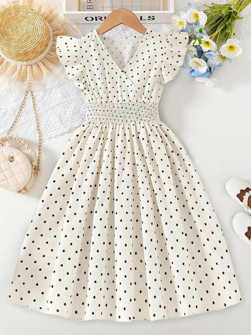 Cream polka dot print cotton a-line fit & flare kids dress