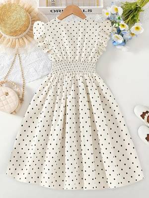 Cream polka dot print cotton a-line fit & flare kids dress 2