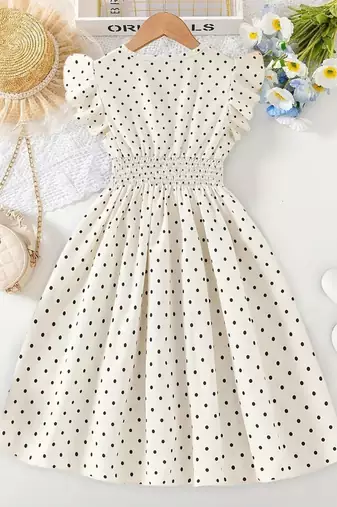 Cream polka dot print cotton a-line fit & flare kids dress
