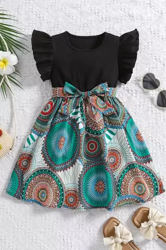 Black & multicolor abstract print cotton blend fit & flare kids dress