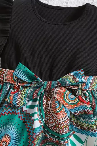 Black & multicolor abstract print cotton blend fit & flare kids dress