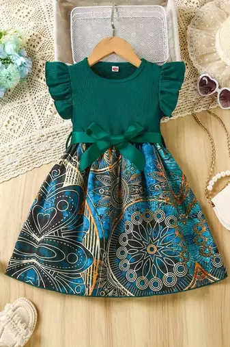 Green & multicolor abstract print cotton blend fit & flare kids dress