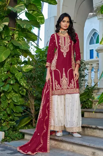 Maroon embroidered chinon free size stitched palazzo style salwar suit
