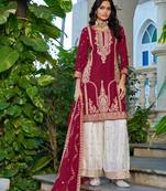 Maroon embroidered chinon free size stitched palazzo style salwar suit