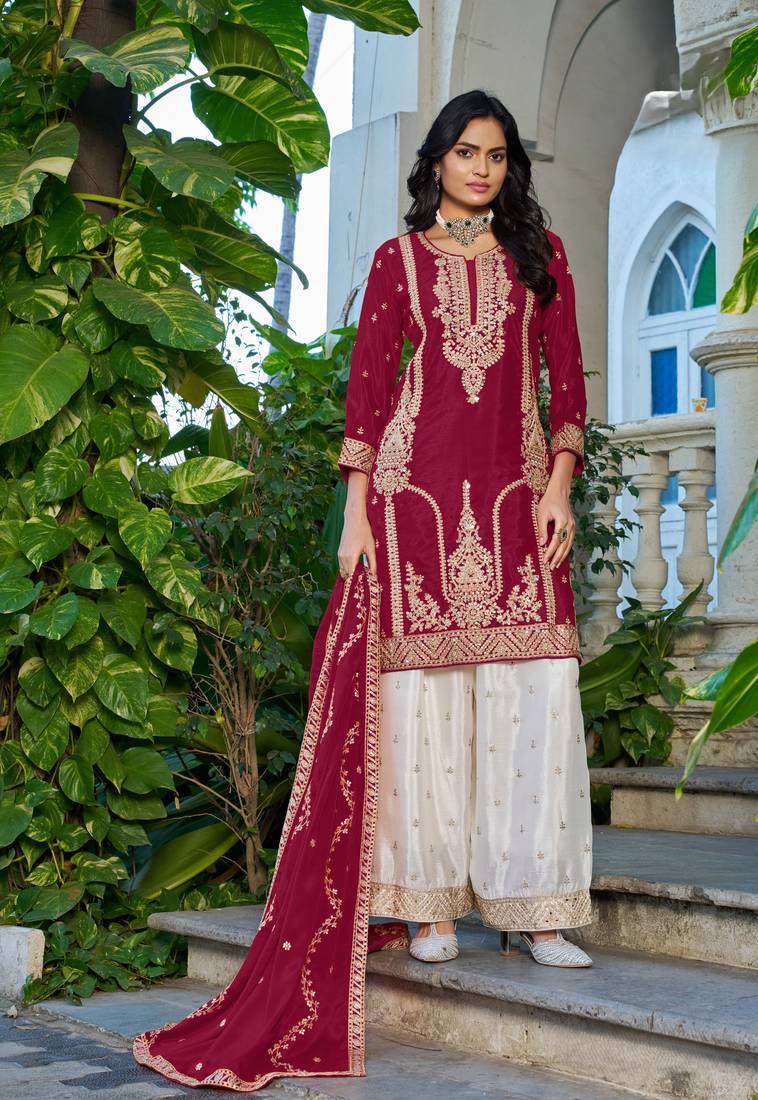 Maroon embroidered chinon free size stitched palazzo style salwar suit