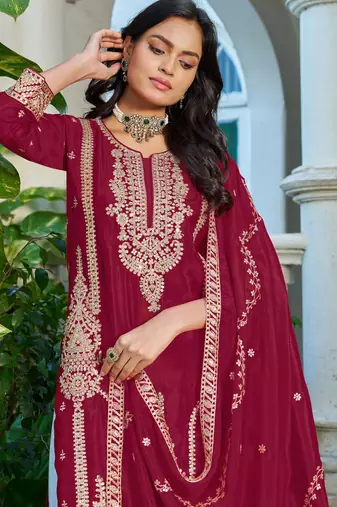 maroon chinon palazzo suit with embroidered zari work set