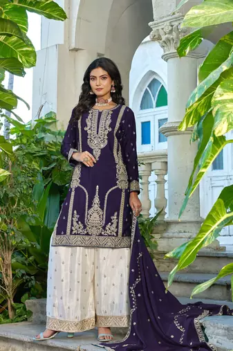 Purple embroidered chinon free size stitched palazzo style salwar suit