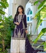 Purple embroidered chinon free size stitched palazzo style salwar suit