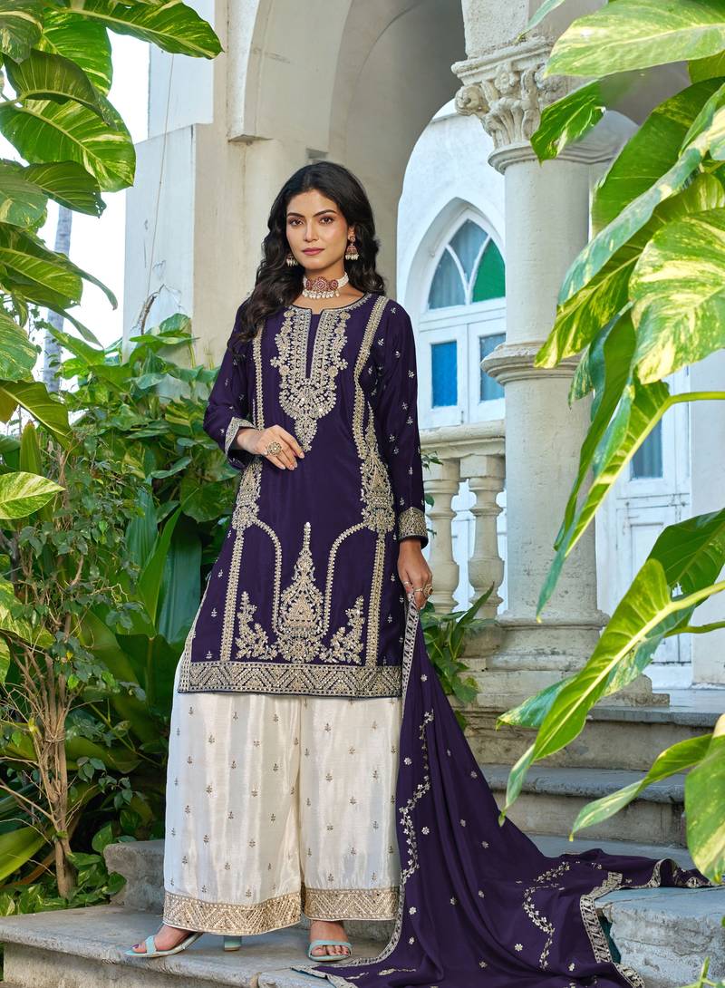 Purple embroidered chinon free size stitched palazzo style salwar suit