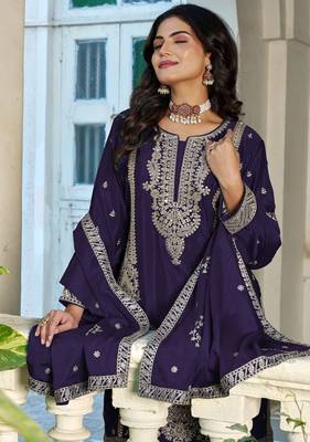 purple chinon palazzo style salwar suit with embroidered zari work set 2
