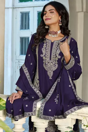 purple chinon palazzo style salwar suit with embroidered zari work set