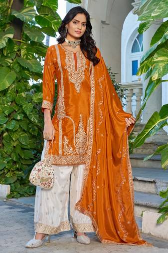 Orange embroidered chinon free size stitched palazzo style salwar suit