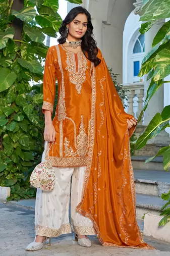 Orange embroidered chinon free size stitched palazzo style salwar suit