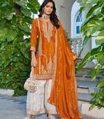 Orange embroidered chinon free size stitched palazzo style salwar suit