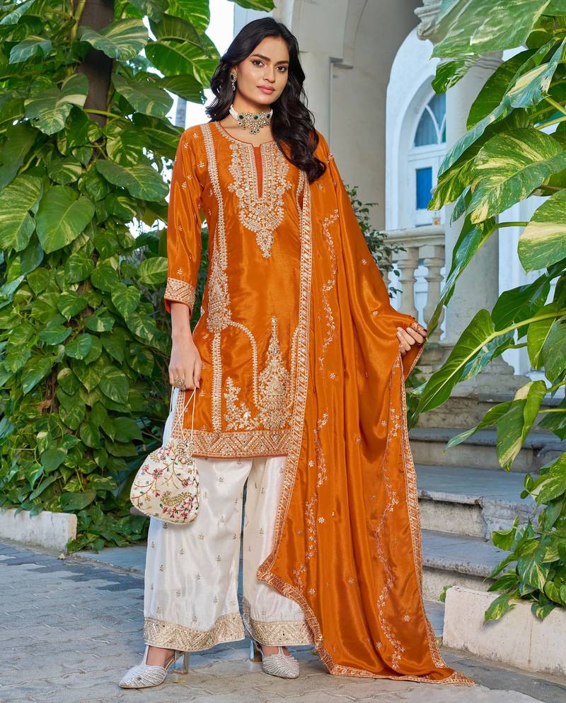 Orange embroidered chinon free size stitched palazzo style salwar suit