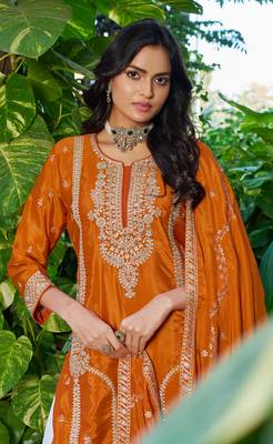 orange chinon palazzo style salwar suit with embroidered zari work 2
