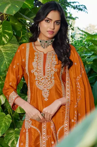 orange chinon palazzo style salwar suit with embroidered zari work