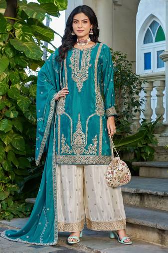 Teal embroidered chinon free size stitched palazzo style salwar suit