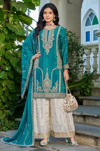 Teal embroidered chinon free size stitched palazzo style salwar suit