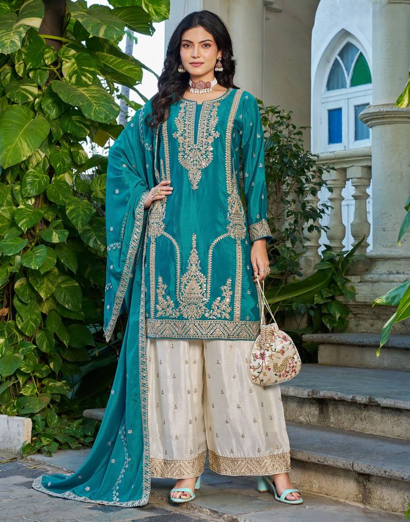 Teal embroidered chinon free size stitched palazzo style salwar suit
