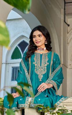 teal silk embroidered palazzo suit with zari work design 2
