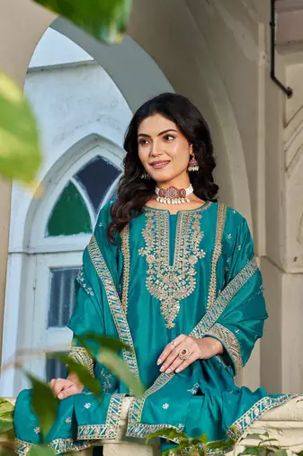 teal silk embroidered palazzo suit with zari work design
