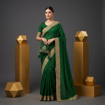 Green jacquard lace chiffon gerogette bollywood saree with blouse piece. 1