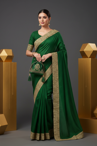 Green jacquard lace chiffon gerogette bollywood saree with blouse piece.