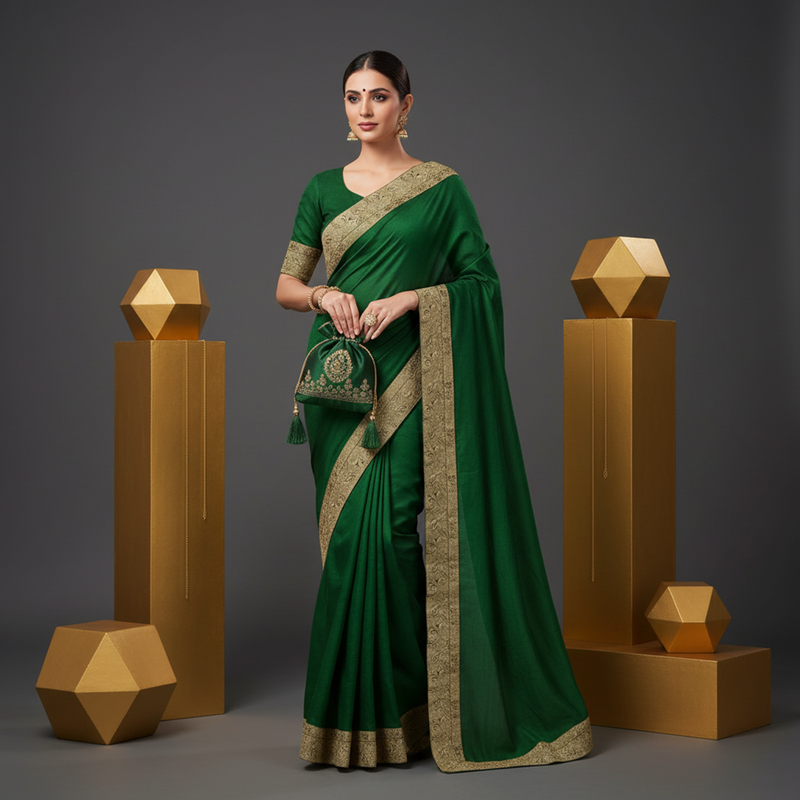 Green jacquard lace chiffon gerogette bollywood saree with blouse piece.