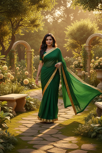Green sequenced lace chiffon gerogette bollywood saree with blouse piece.