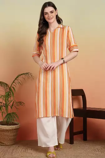 Women's cotton crape calf length strip print half length sleeve v-neck straight kurta (orange )