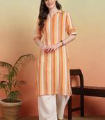 Women's cotton crape calf length strip print half length sleeve v-neck straight kurta (orange )