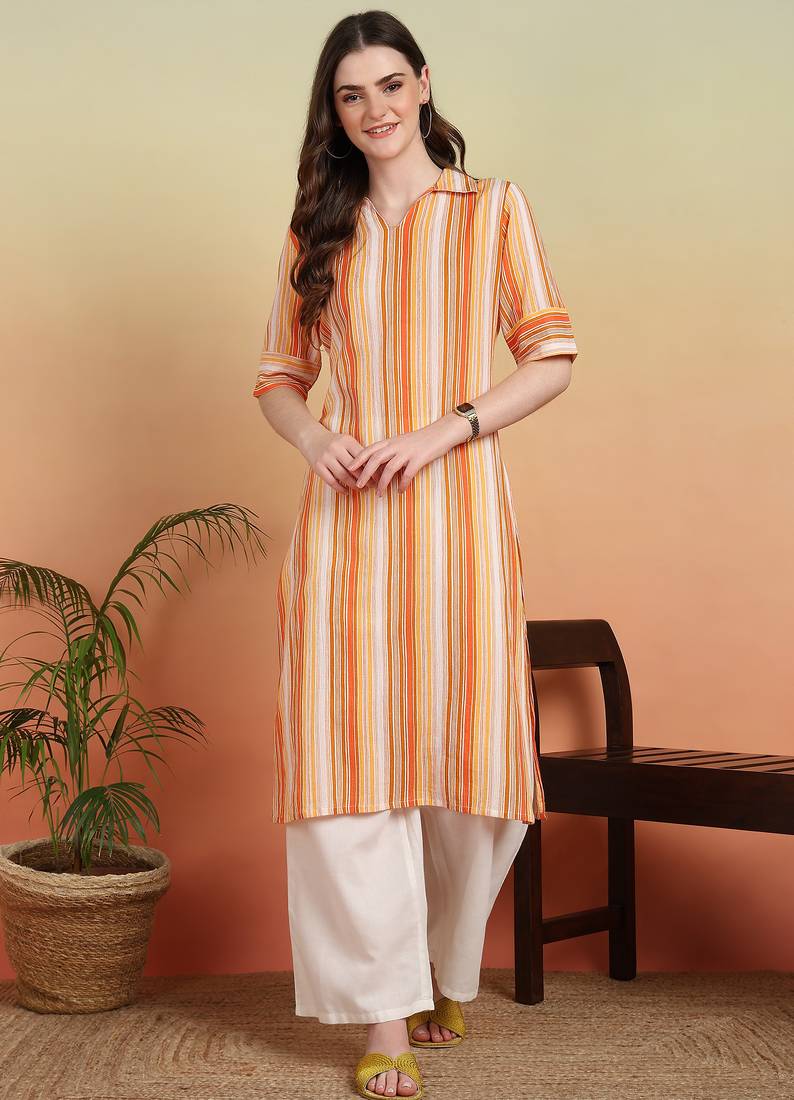 Women's cotton crape calf length strip print half length sleeve v-neck straight kurta (orange )