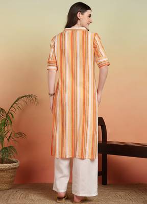 Women's cotton crape calf length strip print half length sleeve v-neck straight kurta (orange ) 2