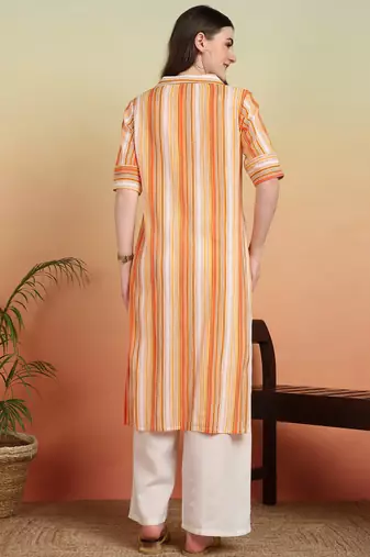 Women's cotton crape calf length strip print half length sleeve v-neck straight kurta (orange )