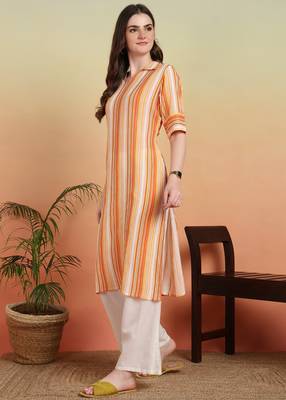 Women's cotton crape calf length strip print half length sleeve v-neck straight kurta (orange ) 3