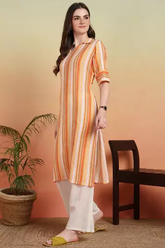 Women's cotton crape calf length strip print half length sleeve v-neck straight kurta (orange )
