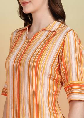 Women's cotton crape calf length strip print half length sleeve v-neck straight kurta (orange ) 4