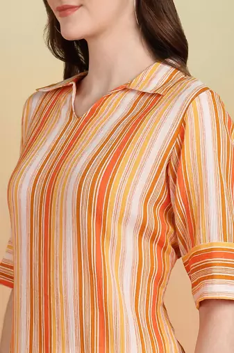 Women's cotton crape calf length strip print half length sleeve v-neck straight kurta (orange )