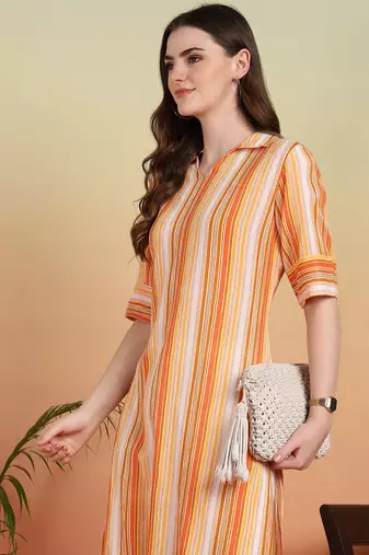 Women's cotton crape calf length strip print half length sleeve v-neck straight kurta (orange )