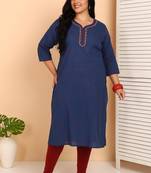 Women   s plus size cotton kurti with embroidery  3/4 sleeve straight kurta (blue)