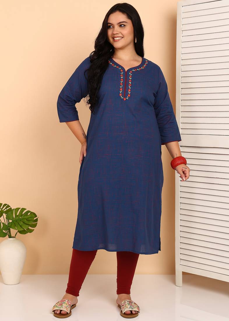 Women’s plus size cotton kurti with embroidery  3/4 sleeve straight kurta (blue)